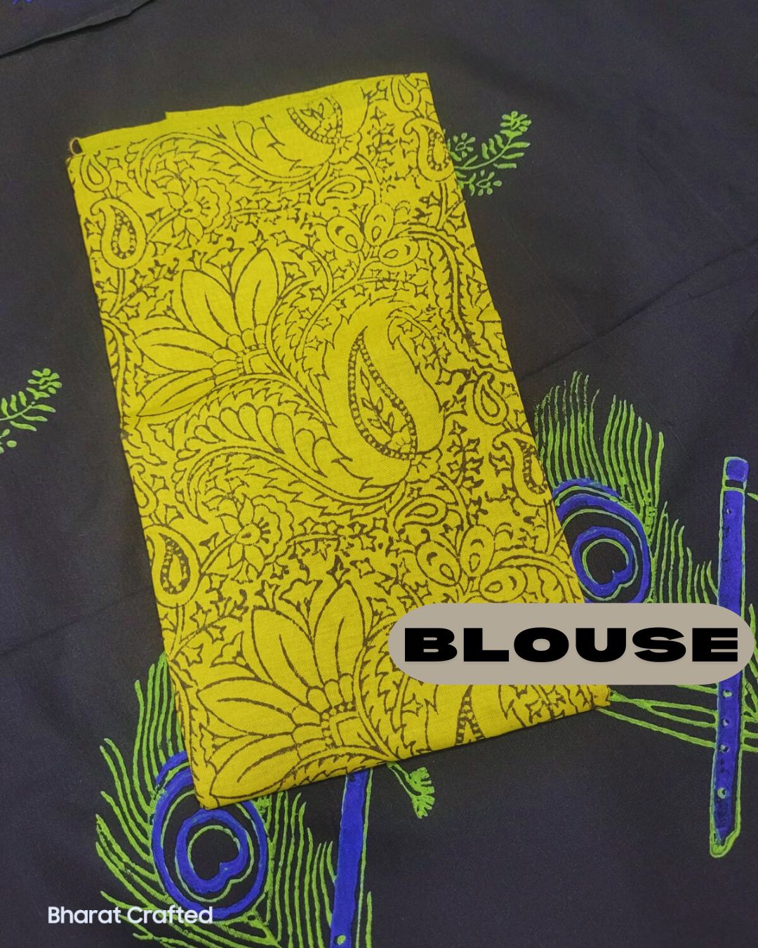 Cotton Mix Block Printed Saree with Contrast Additional Blouse Piece flute and peacock feather