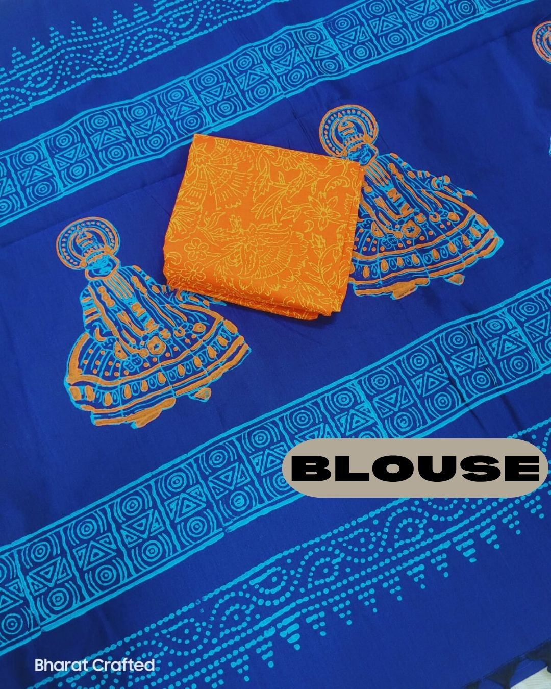 Cotton Mix kathak Block Printed Saree with Contrast Additional Blouse