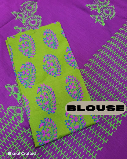 Cotton Mix leaf jumka Block Printed Saree with Contrast Additional Blouse