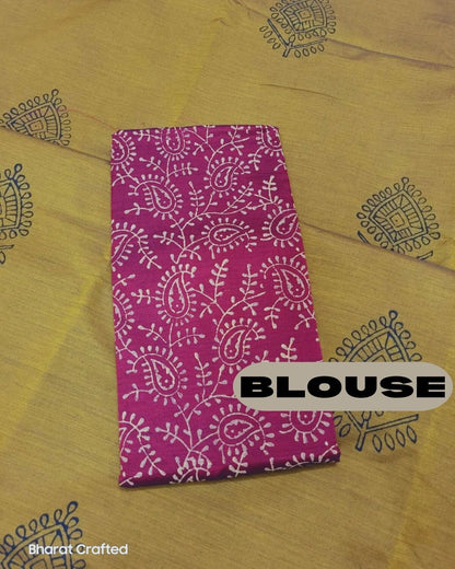 Cotton Mix designer leaf Block Printed Saree with Contrast Additional Blouse