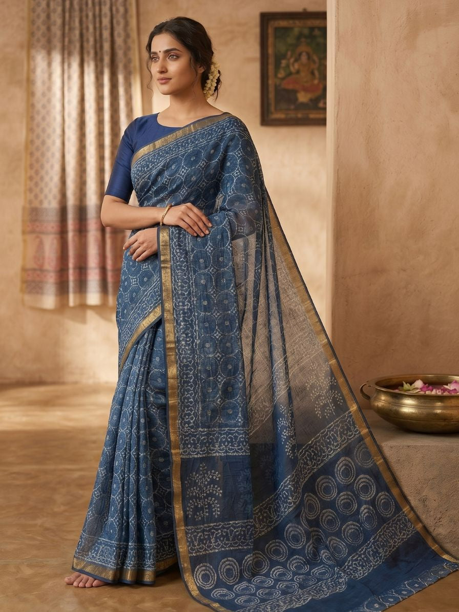 Blockprinted Kota cotton saree - indigo