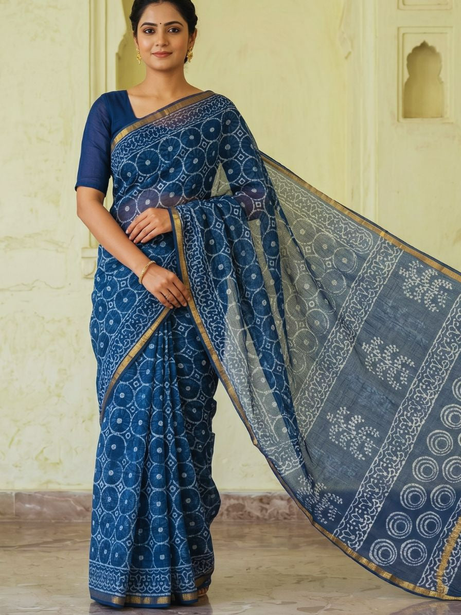 Blockprinted Kota cotton saree - indigo
