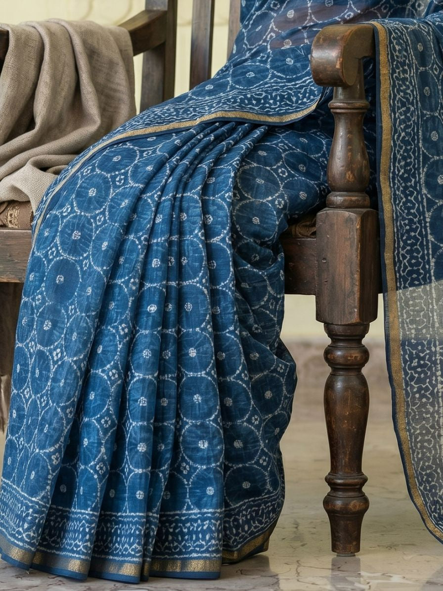 Blockprinted Kota cotton saree - indigo