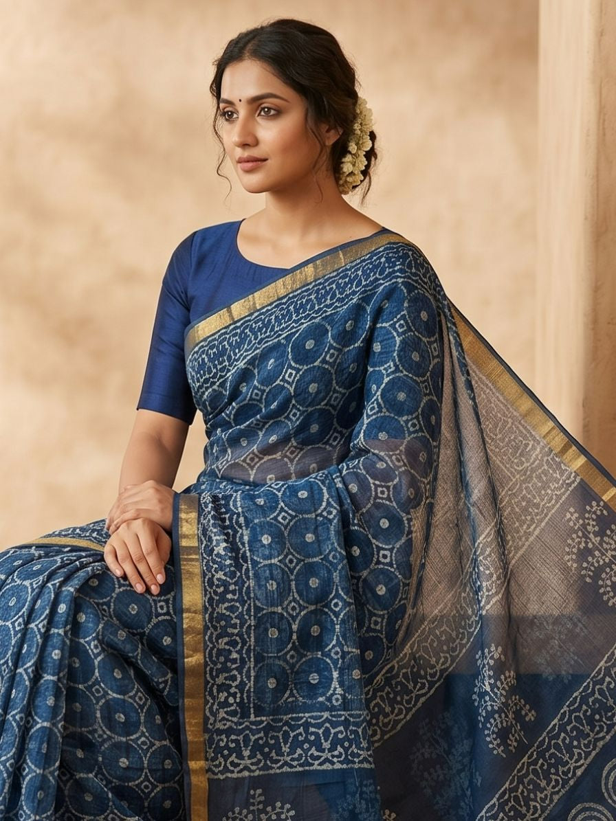 Blockprinted Kota cotton saree - indigo