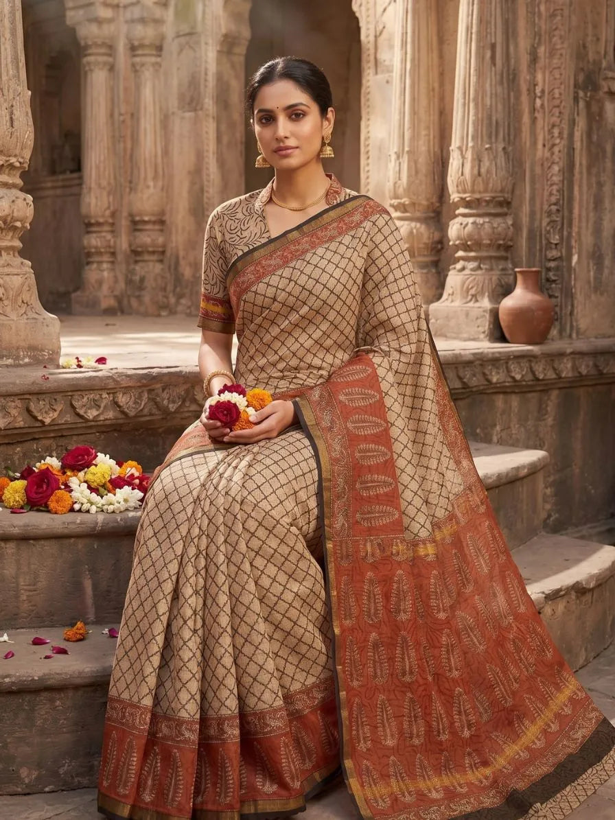 Blockprinted Kota cotton saree - Ajrakh
