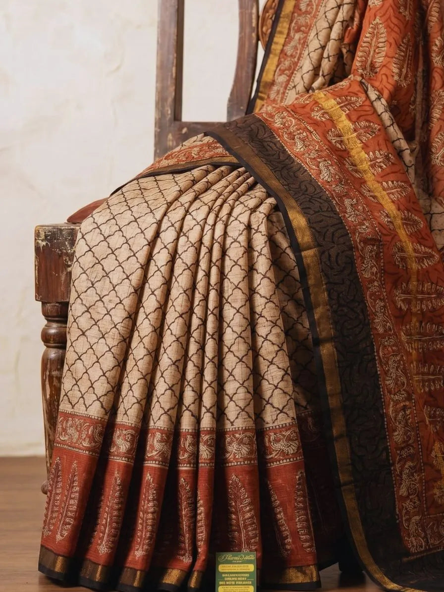 Blockprinted Kota cotton saree - Ajrakh