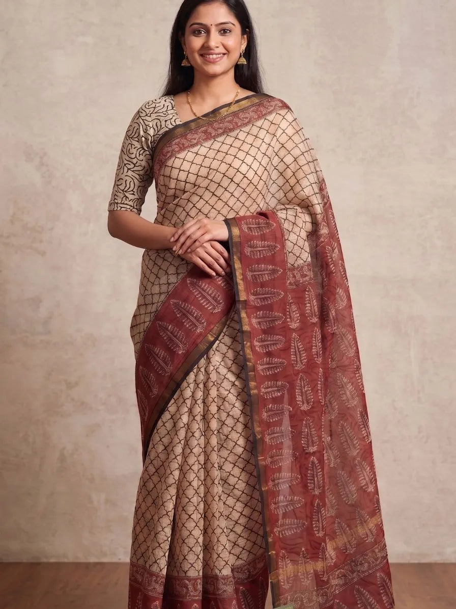 Blockprinted Kota cotton saree - Ajrakh