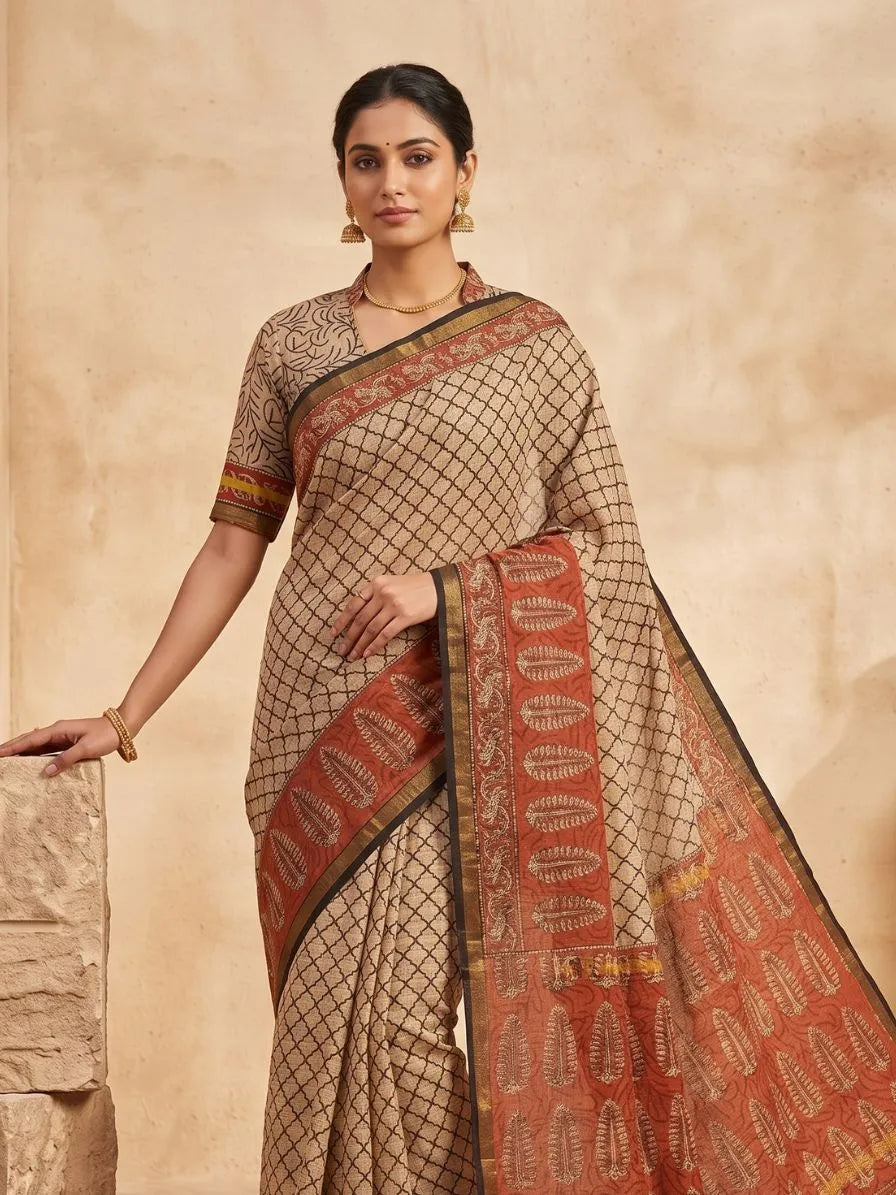 Blockprinted Kota cotton saree - Ajrakh