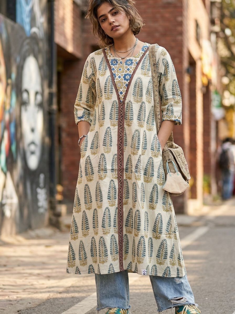 Ajrakh cotton Kurta with patch neck line - offwhite