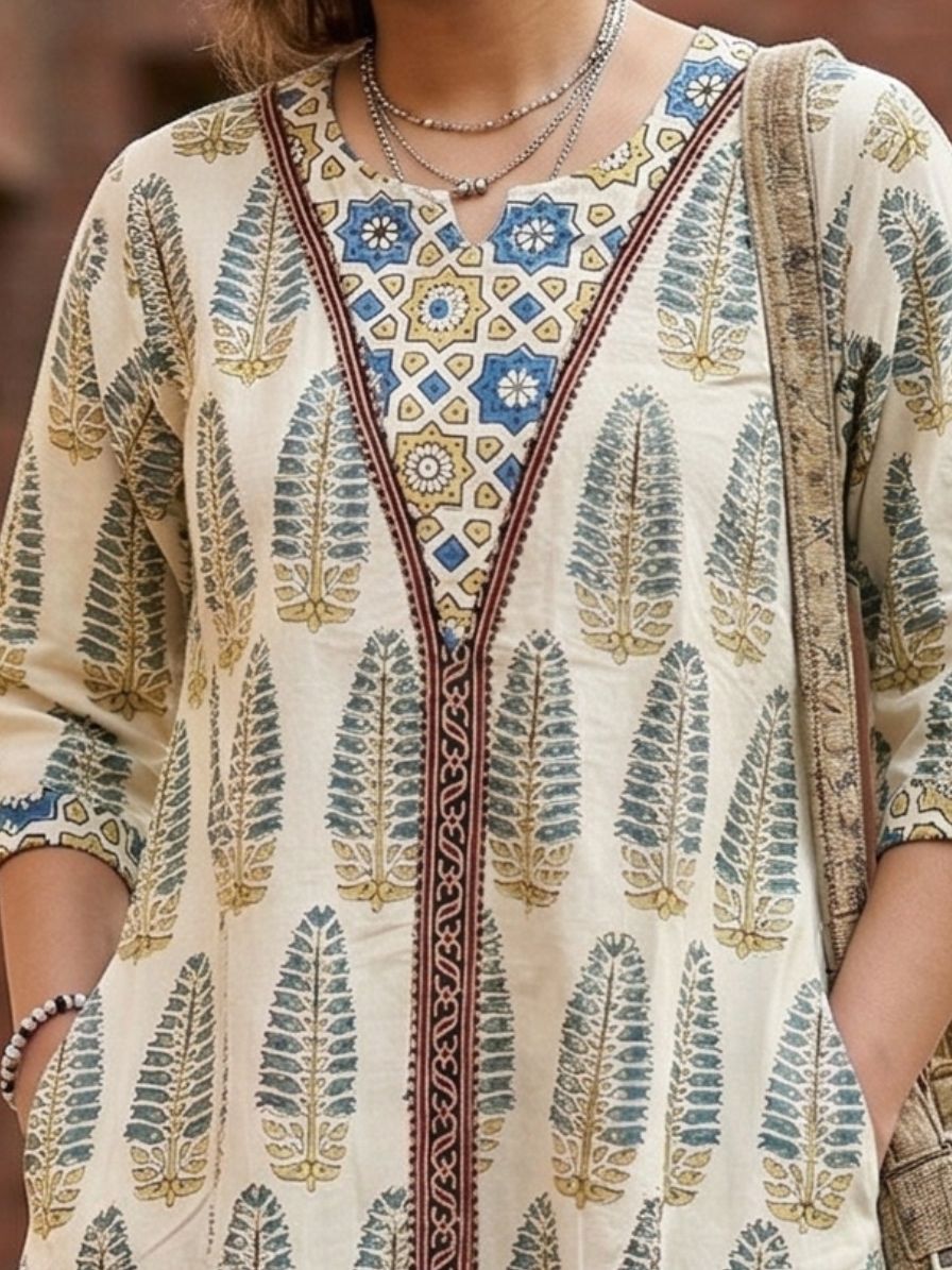 Ajrakh cotton Kurta with patch neck line - offwhite