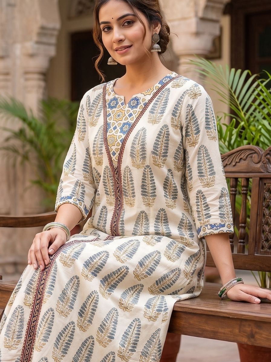 Ajrakh cotton Kurta with patch neck line - offwhite