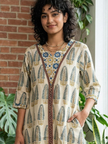 Ajrakh cotton Kurta with patch neck line - offwhite