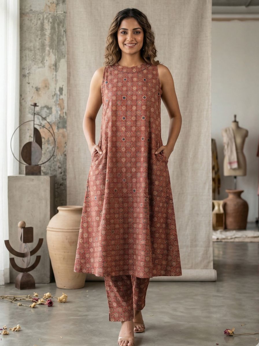 Ajrakh cotton Kurta set - Mirror Work Halter Neck (Set of 2)