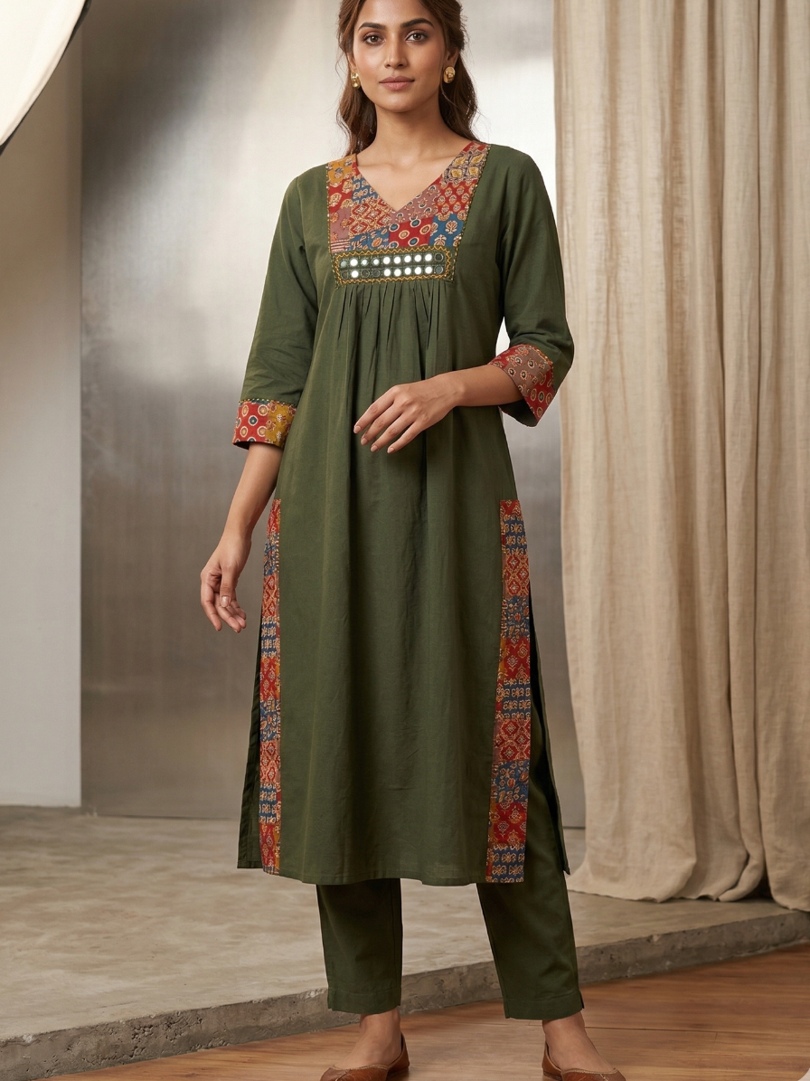 Ajrakh Patch work cotton Kurta set - Mirror Work