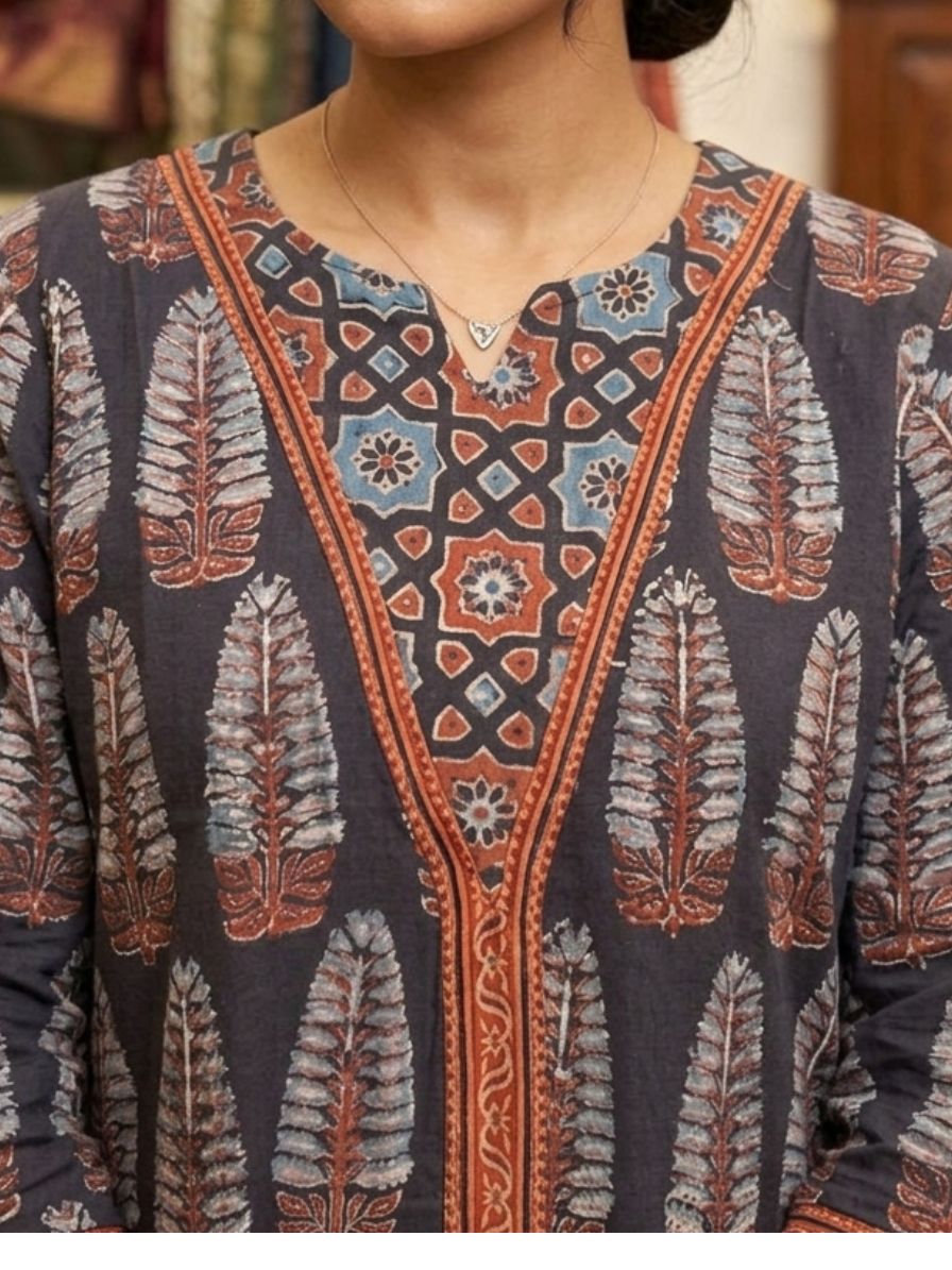 Ajrakh cotton Kurta with patch neck line