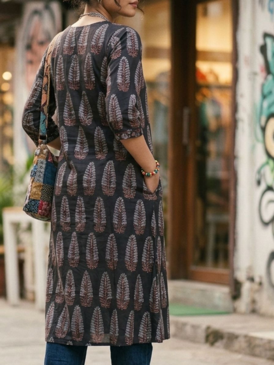 Ajrakh cotton Kurta with patch neck line