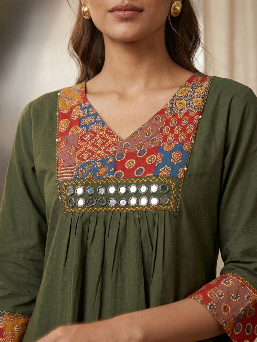 Ajrakh Patch work cotton Kurta set - Mirror Work