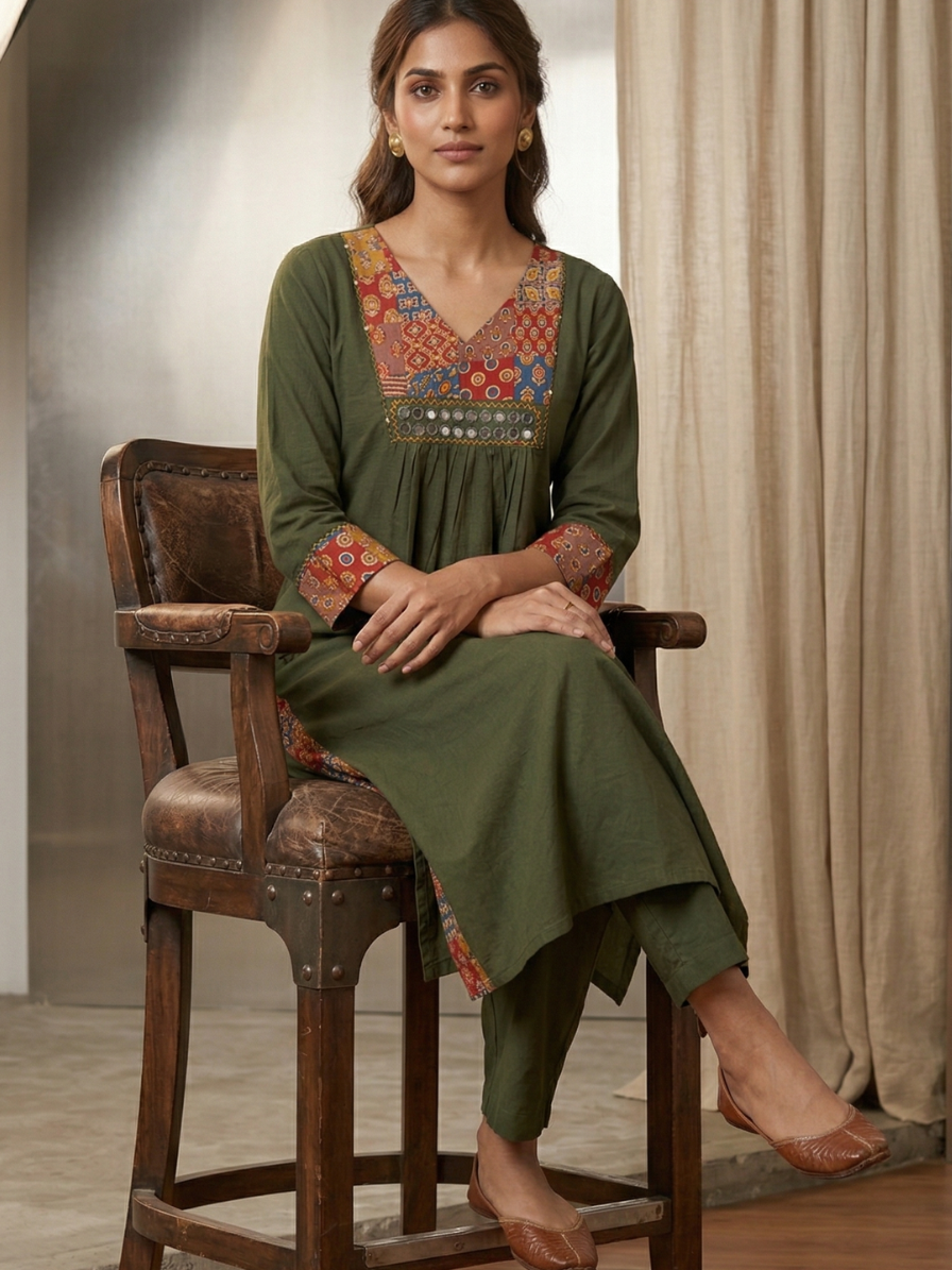 Ajrakh Patch work cotton Kurta set - Mirror Work