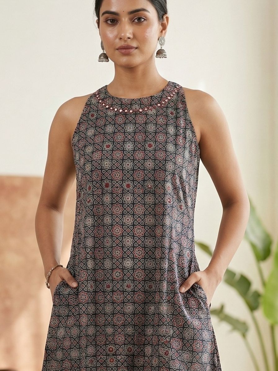 Ajrakh cotton Kurta set - Mirror Work Halter Neck (set of 2)