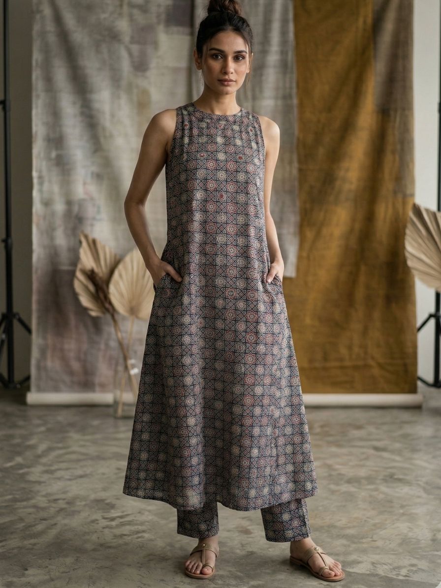 Ajrakh cotton Kurta set - Mirror Work Halter Neck (set of 2)