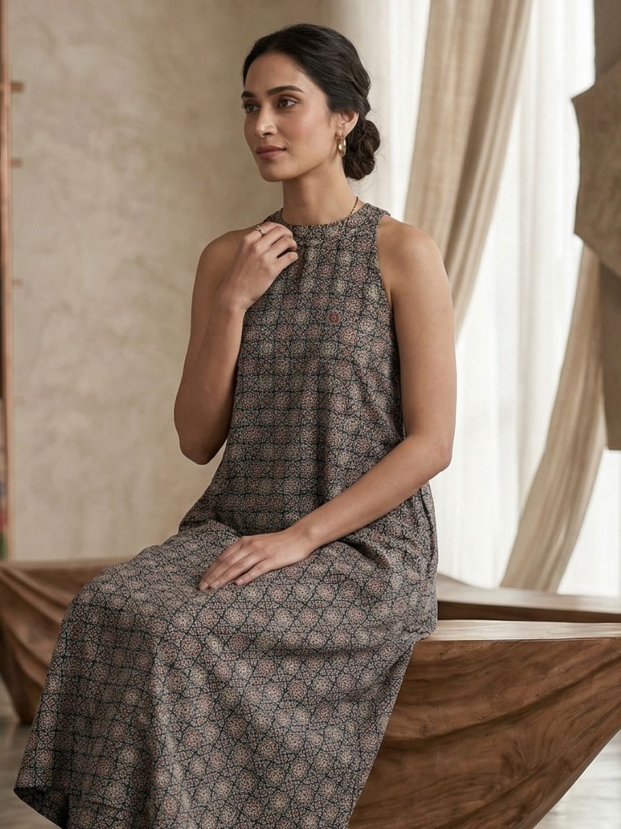 Ajrakh cotton Kurta set - Mirror Work Halter Neck (set of 2)