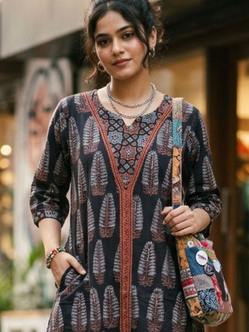 Ajrakh cotton Kurta with patch neck line