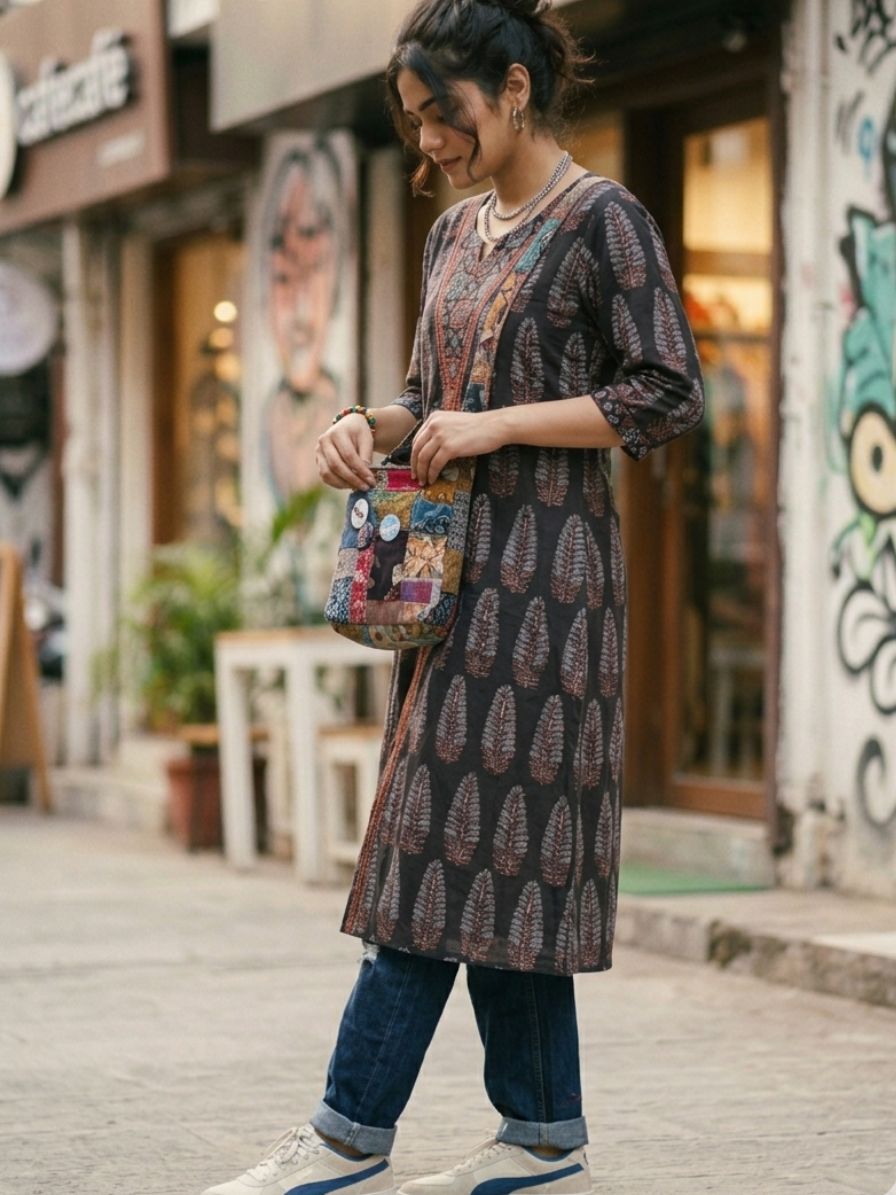 Ajrakh cotton Kurta with patch neck line