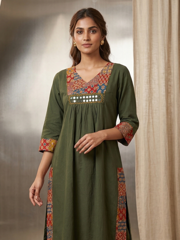 Ajrakh Patch work cotton Kurta set - Mirror Work