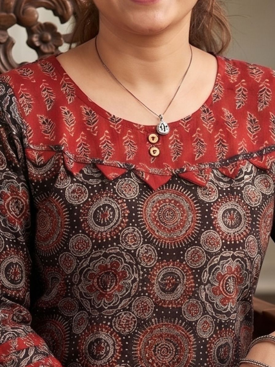 Ajrakh Black Cotton Kurta with patch work