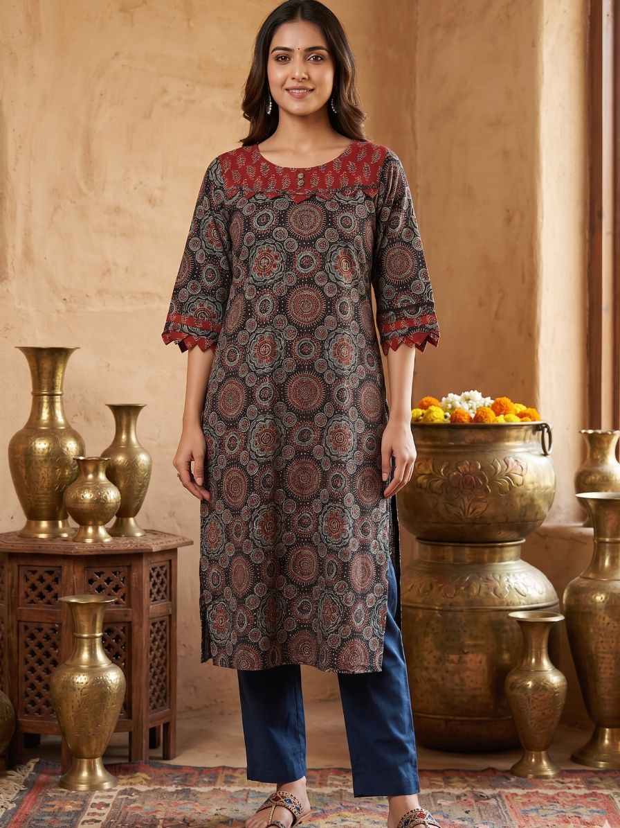 Ajrakh Black Cotton Kurta with patch work