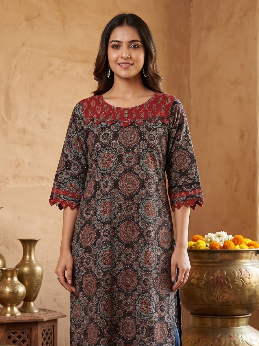 Ajrakh Black Cotton Kurta with patch work