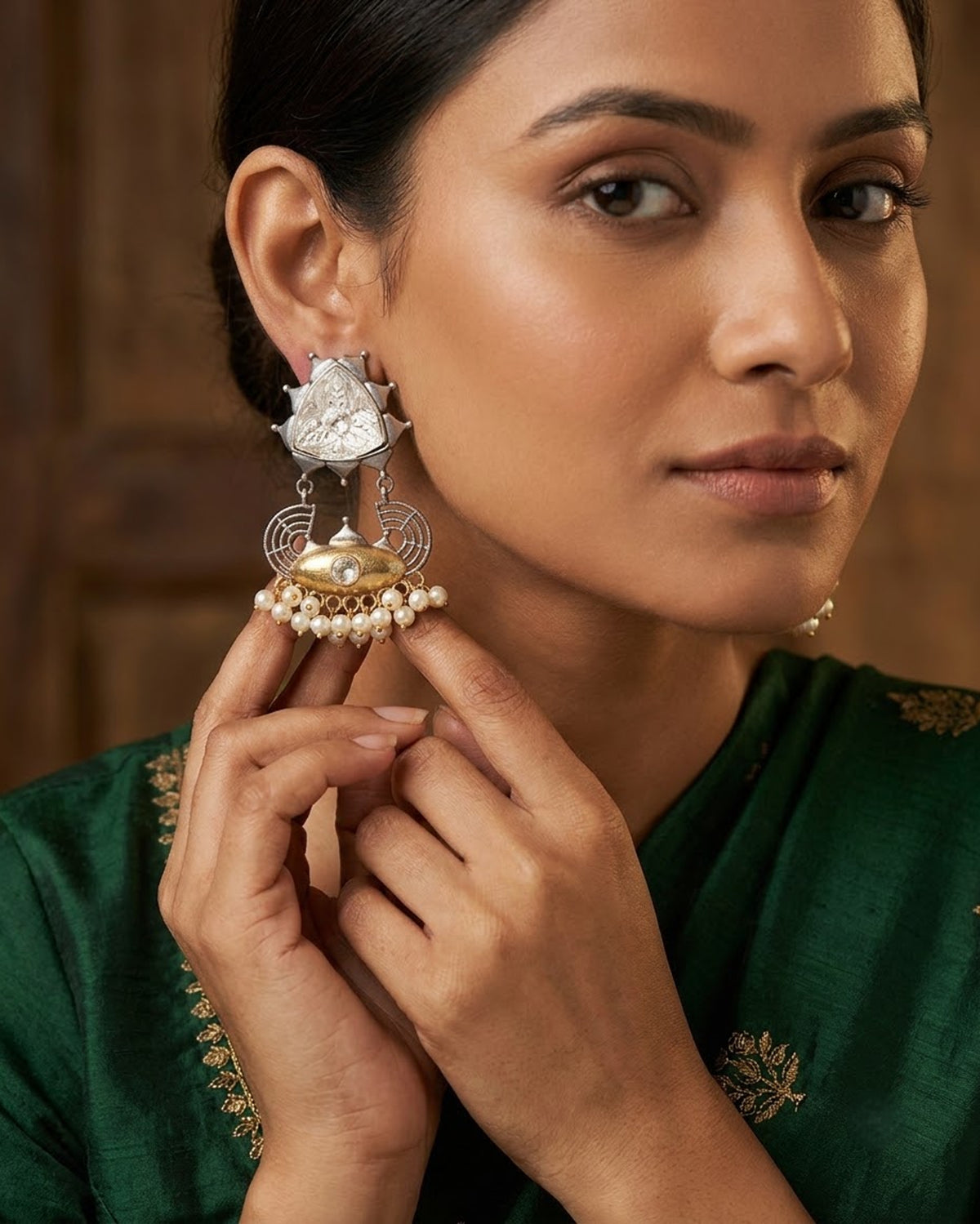 Anaya Silver & Gold Pearl Cluster Drop Earrings
