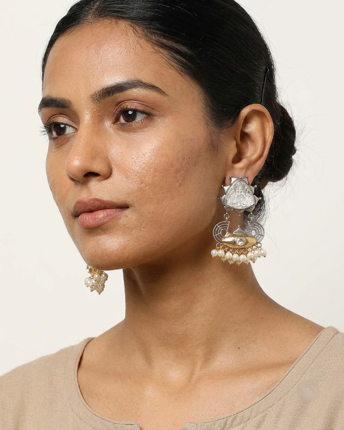 Anaya Silver & Gold Pearl Cluster Drop Earrings