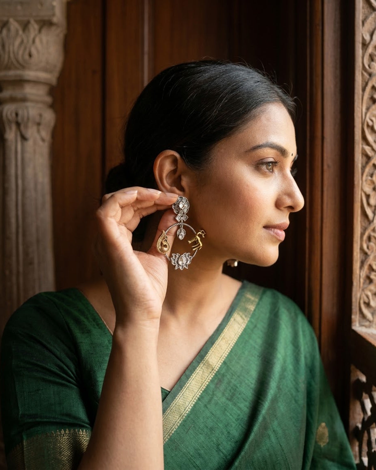 Antique Peacock Lotus Hoop Drop Earrings