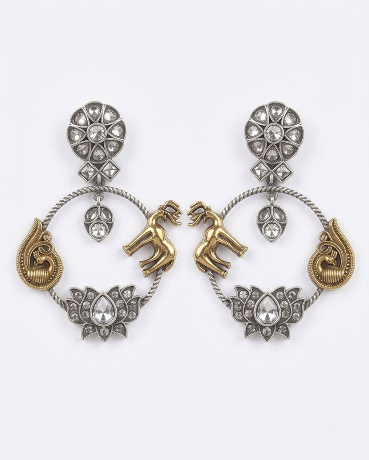 Antique Peacock Lotus Hoop Drop Earrings