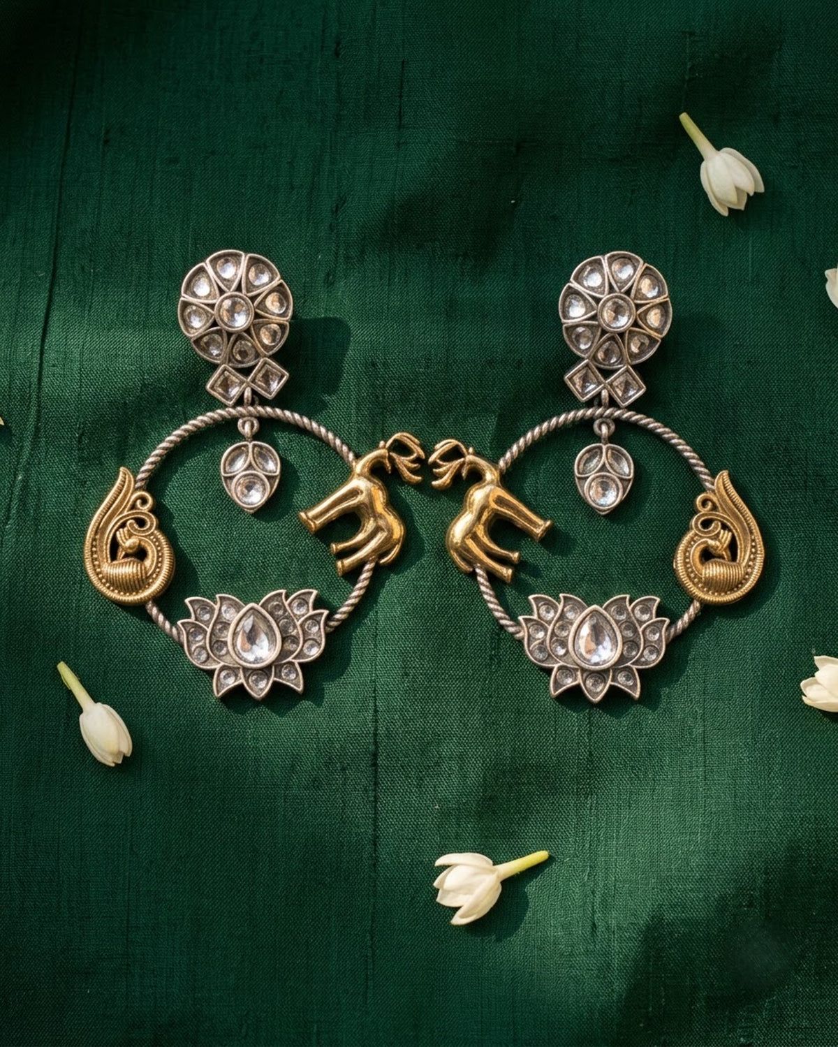 Antique Peacock Lotus Hoop Drop Earrings