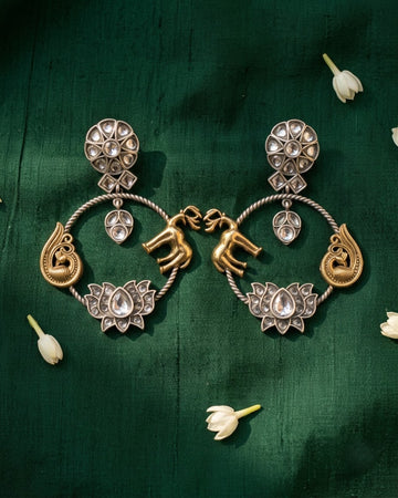 Antique Peacock Lotus Hoop Drop Earrings