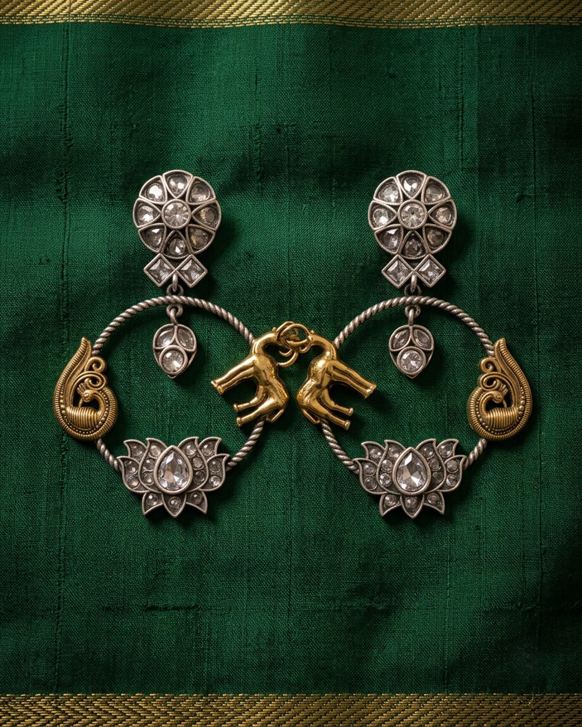 Antique Peacock Lotus Hoop Drop Earrings
