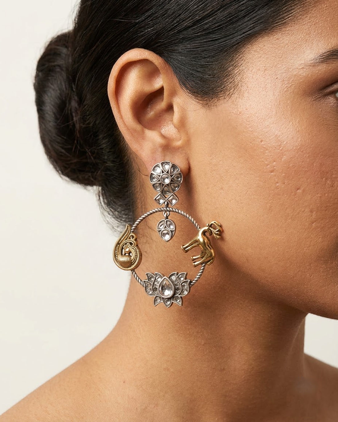 Antique Peacock Lotus Hoop Drop Earrings