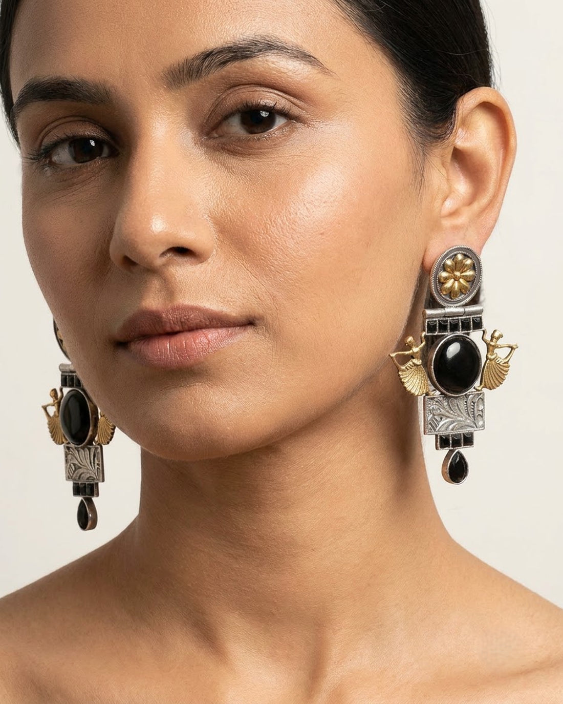 Antique Tribal Dancer Black Stone Drop Earrings