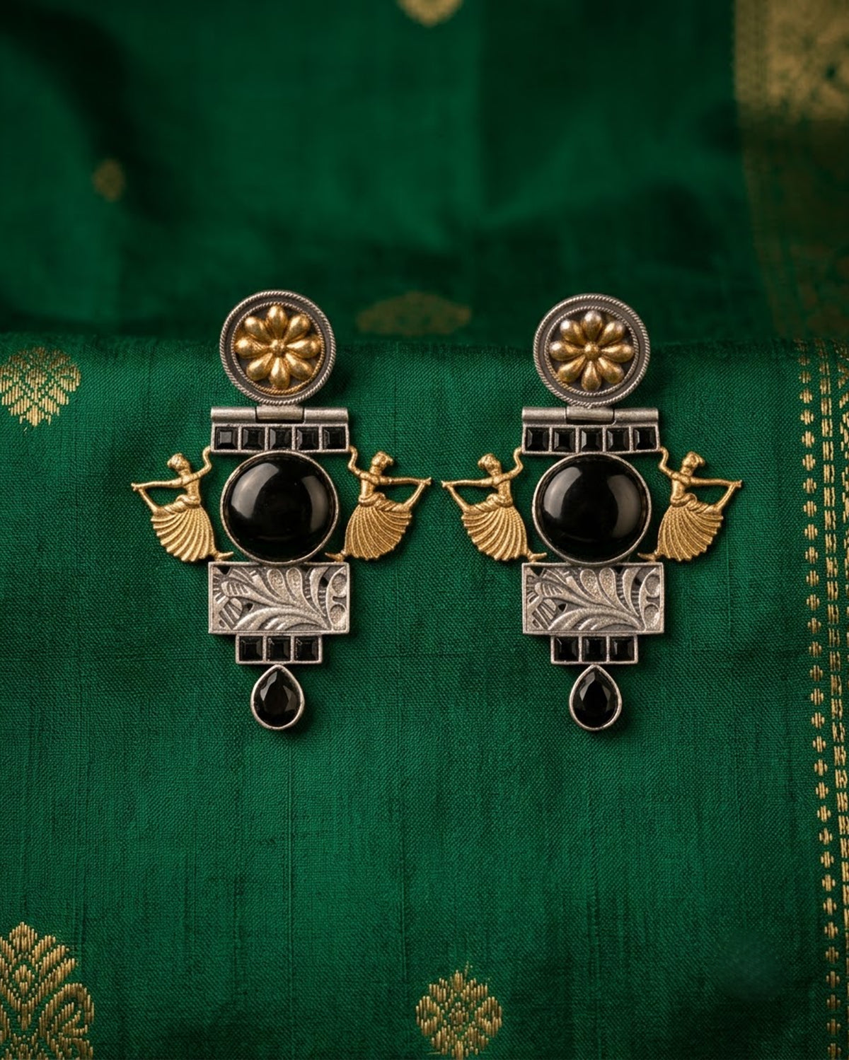 Antique Tribal Dancer Black Stone Drop Earrings