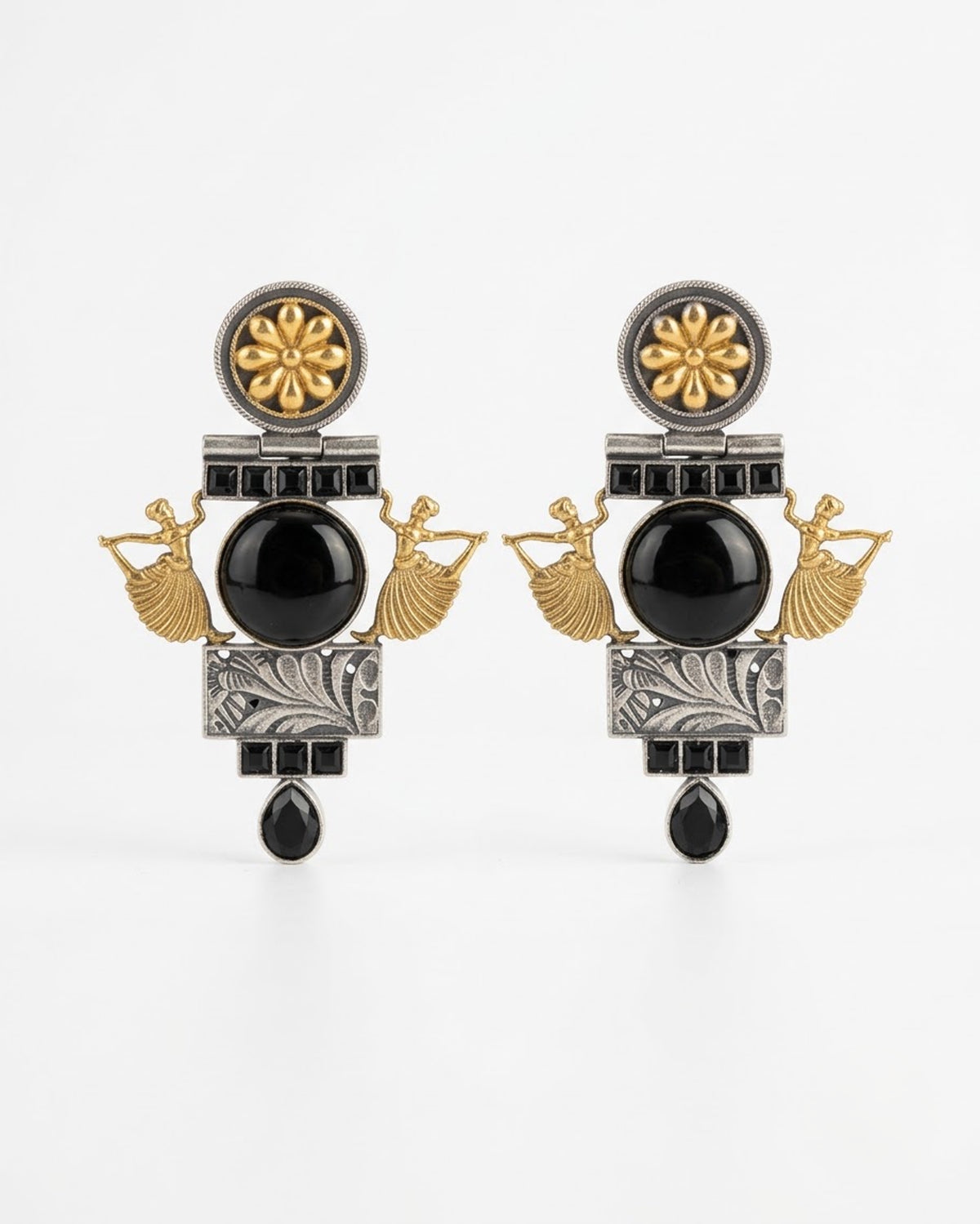Antique Tribal Dancer Black Stone Drop Earrings