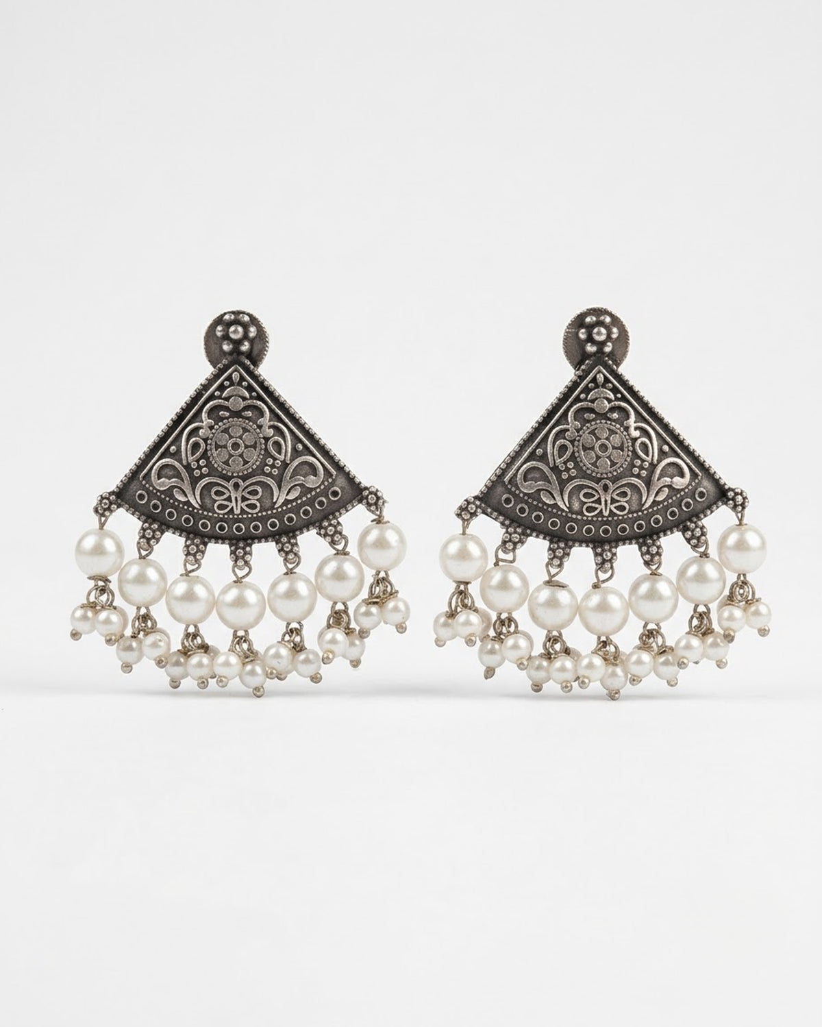 Antique oxidized Pearl Triangle Stud Earrings