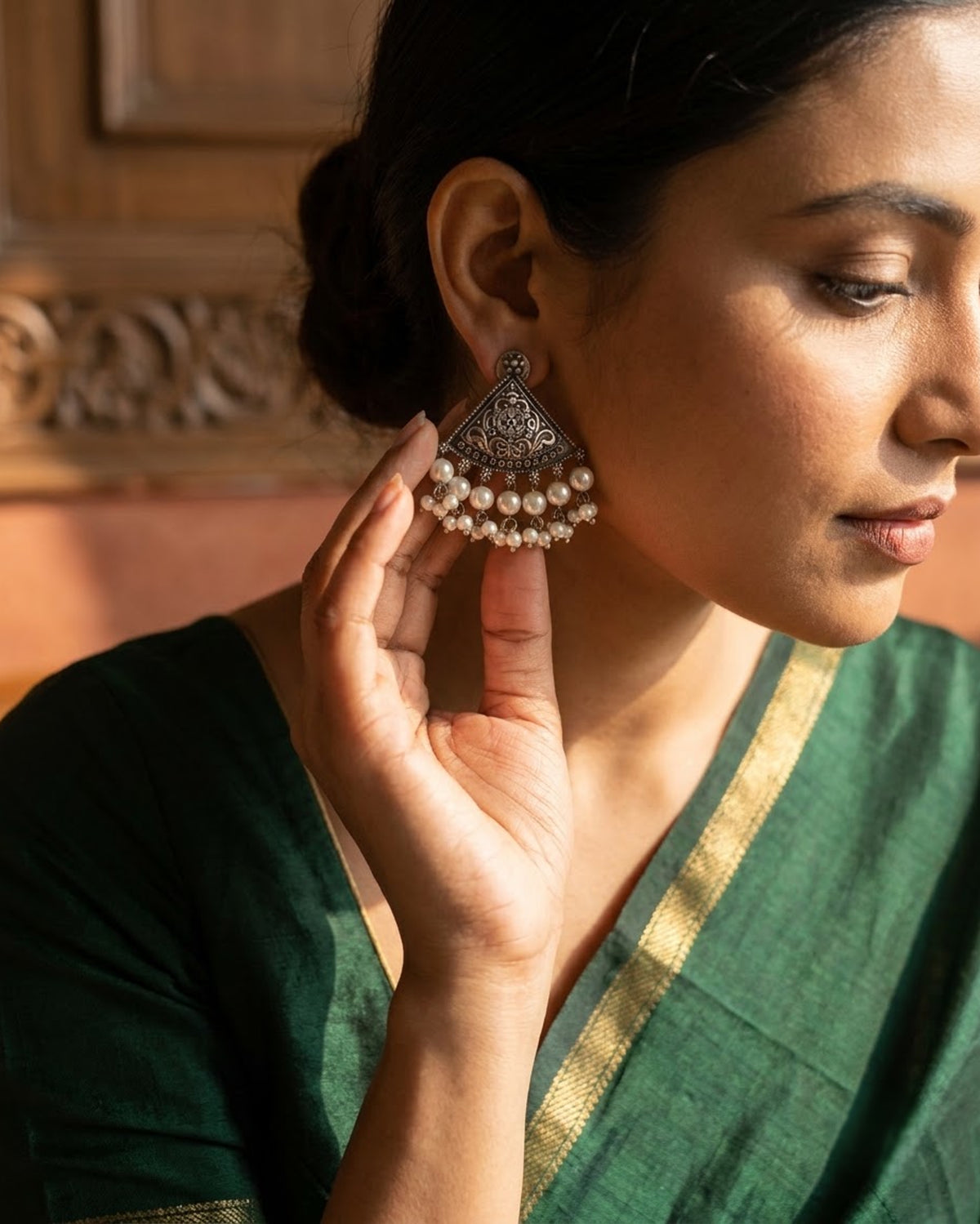 Antique oxidized Pearl Triangle Stud Earrings