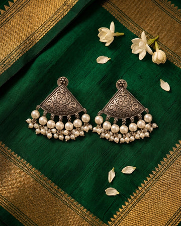 Antique oxidized Pearl Triangle Stud Earrings
