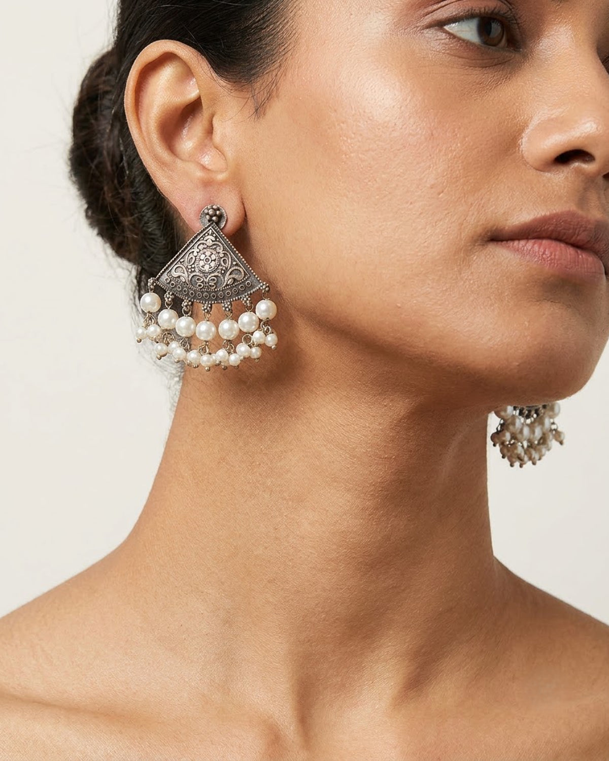 Antique oxidized Pearl Triangle Stud Earrings