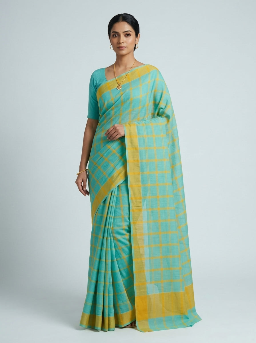 Aqua Mist & Haldi Checks Bobbili Cotton Saree