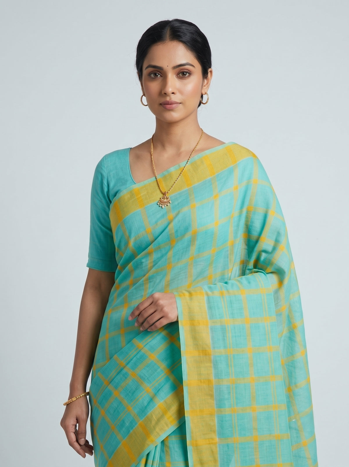 Aqua Mist & Haldi Checks Bobbili Cotton Saree