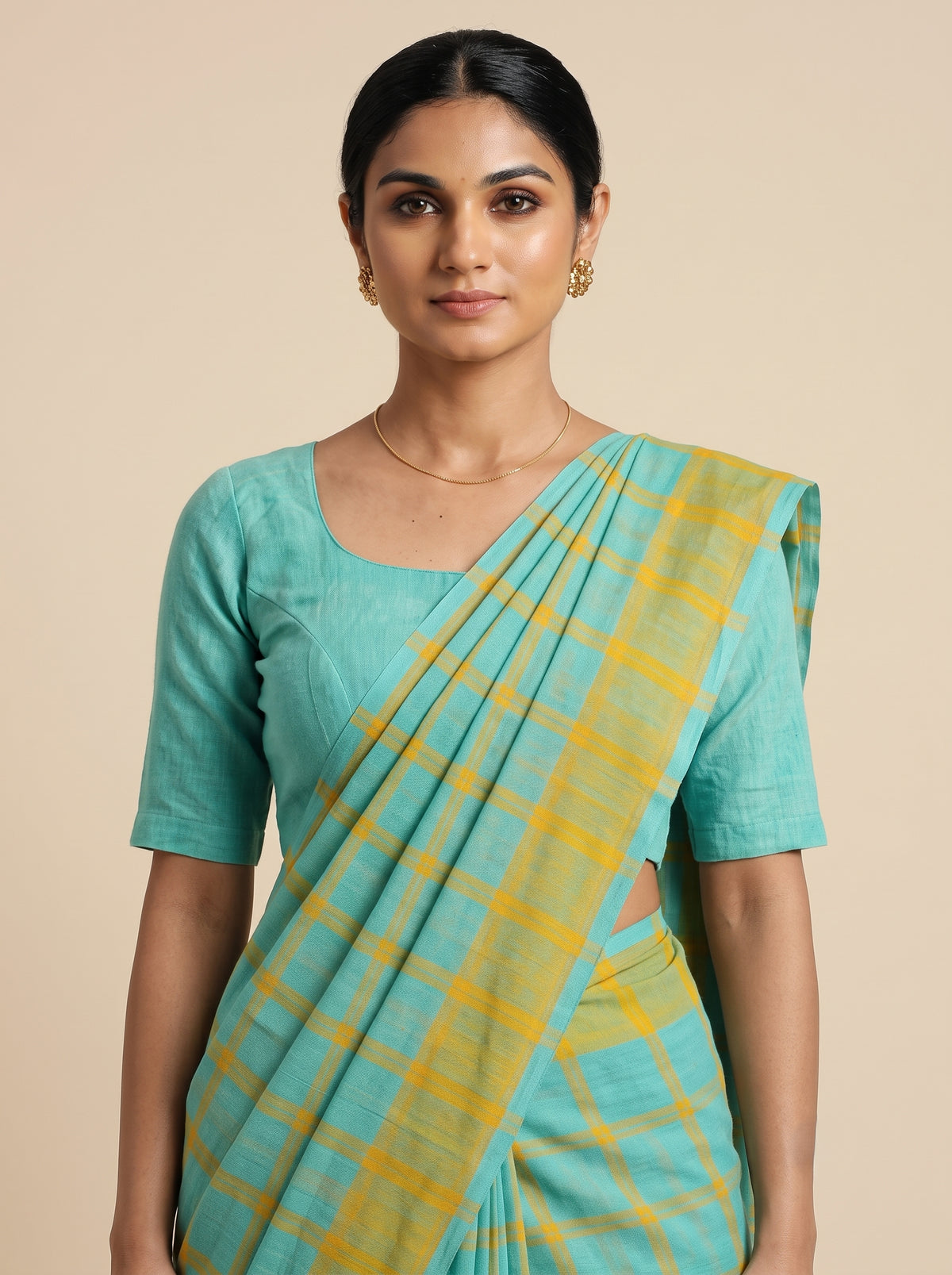 Aqua Mist & Haldi Checks Bobbili Cotton Saree