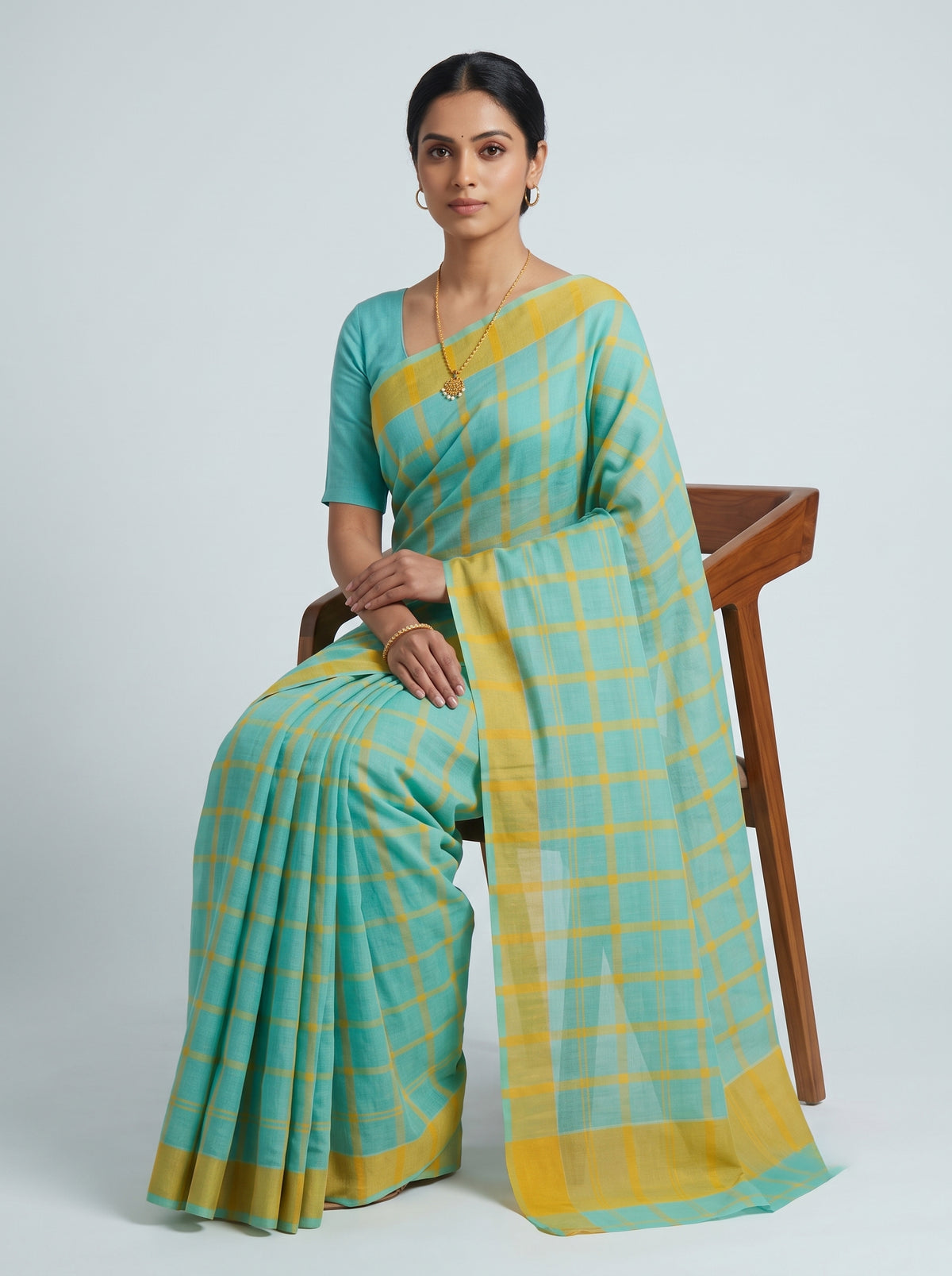 Aqua Mist & Haldi Checks Bobbili Cotton Saree